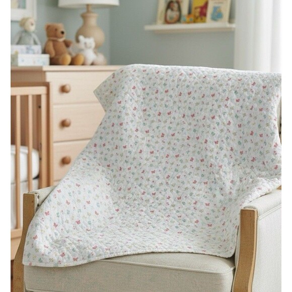 Vtg Baby Blanket 44 X 42 Crib Blanket Butterfly Quilt Pattern Unisex Pink Blue - Picture 3 of 3